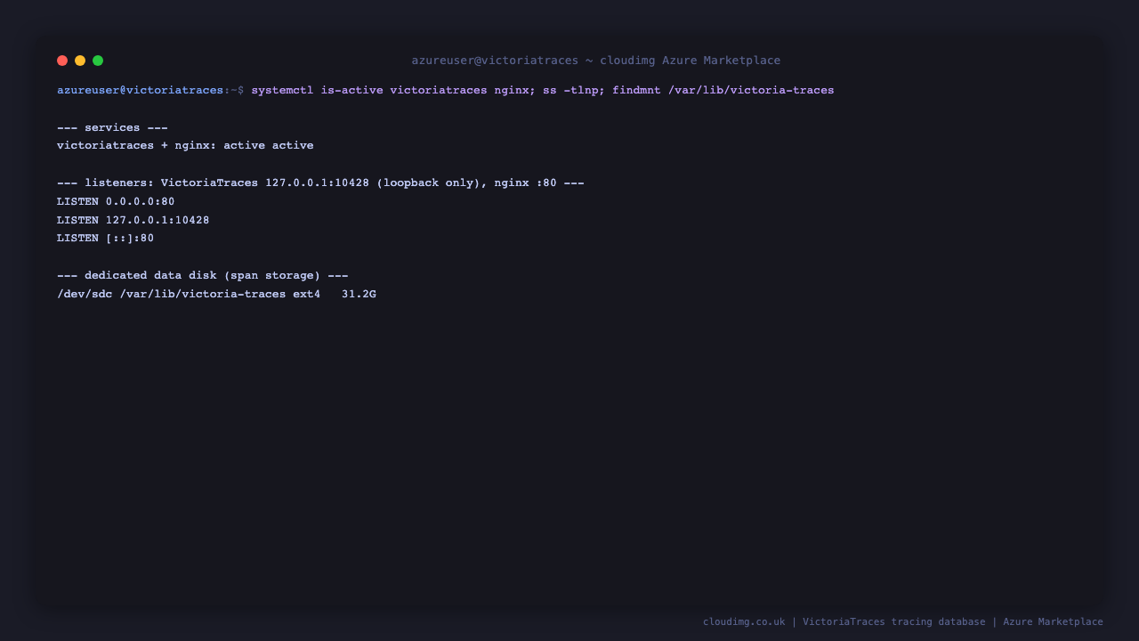 VictoriaTraces and nginx running, with VictoriaTraces bound to loopback only and span storage on a dedicated Azure data disk.