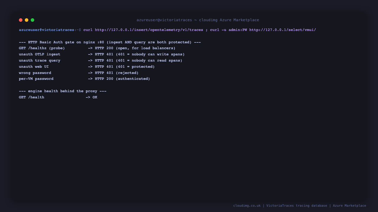 The Basic Auth gate rejecting unauthenticated span ingestion, unauthenticated queries and a wrong password, while the per-VM password is accepted.
