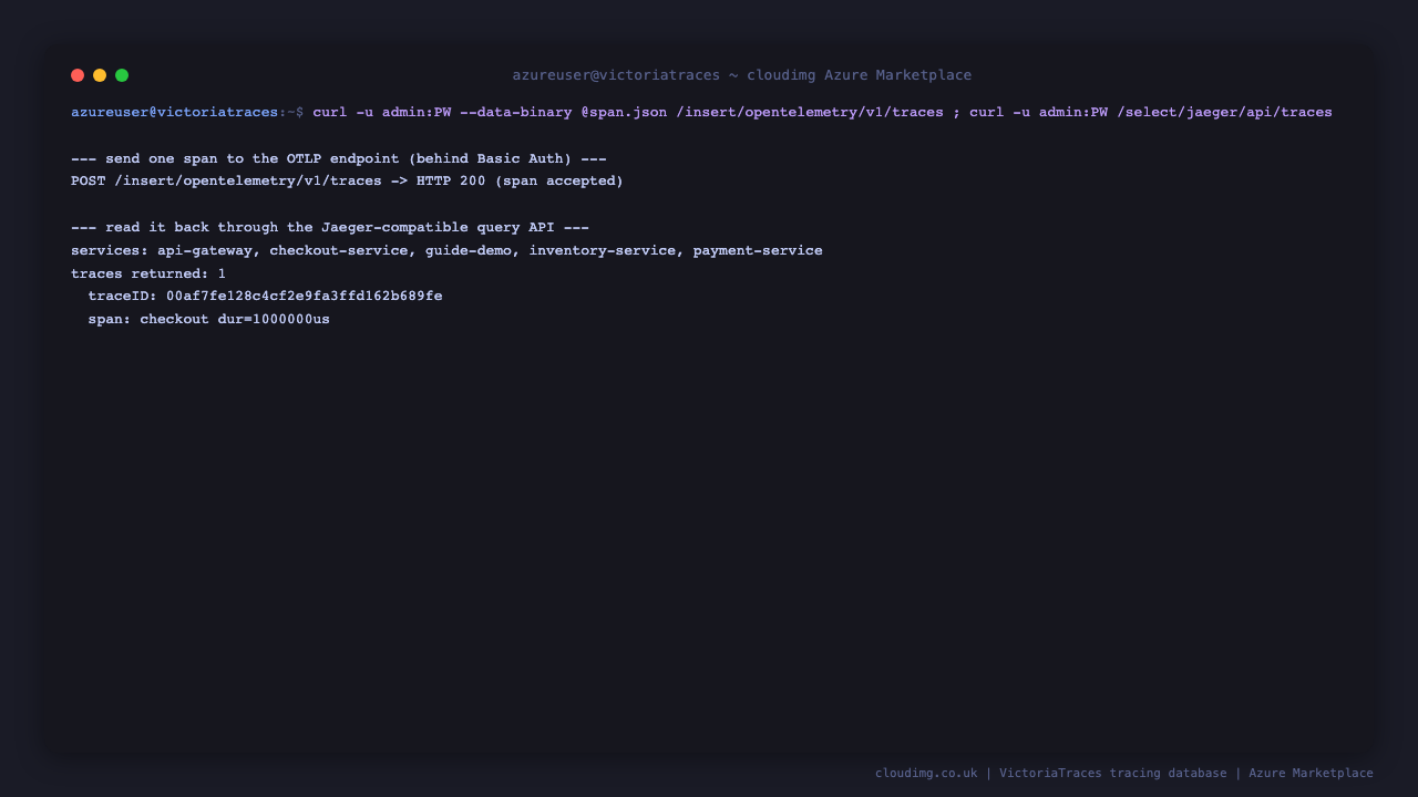 Sending a span to the OTLP endpoint and reading the same trace back through the Jaeger compatible query API.