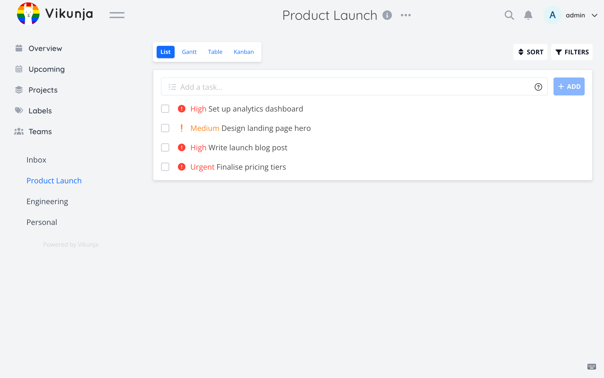 Vikunja task list with priorities