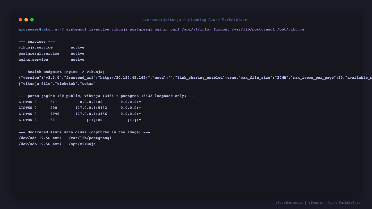 Vikunja services, health endpoint and dedicated data disks