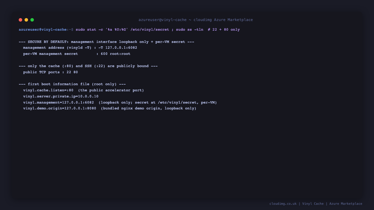 The secure by default posture: the first boot information file records the cache endpoint and how to point at your origin, the per VM management secret is mode 600 root root, and the only publicly bound TCP ports are 22 for SSH and 80 for the cache