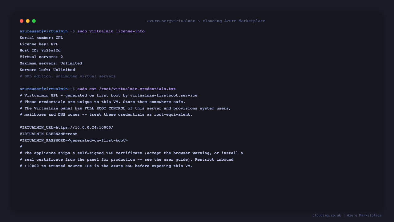 Virtualmin edition and per-VM credentials