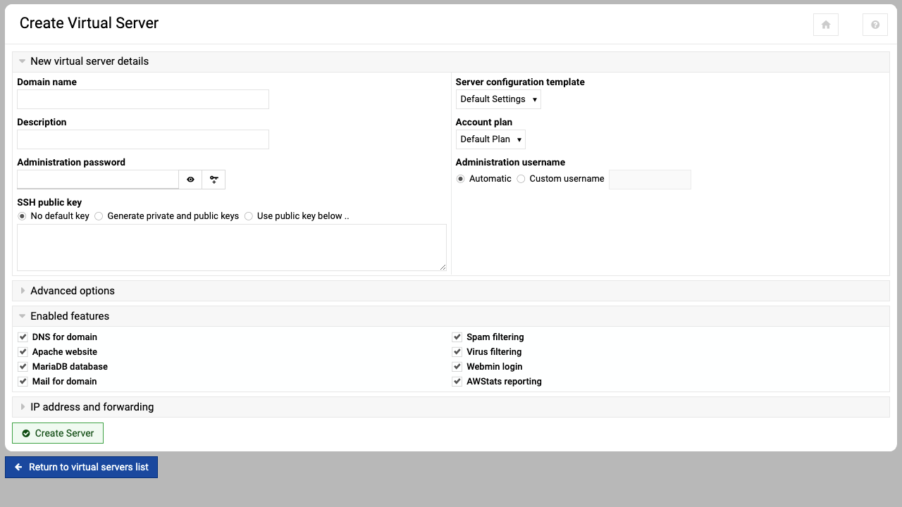 Create Virtual Server form
