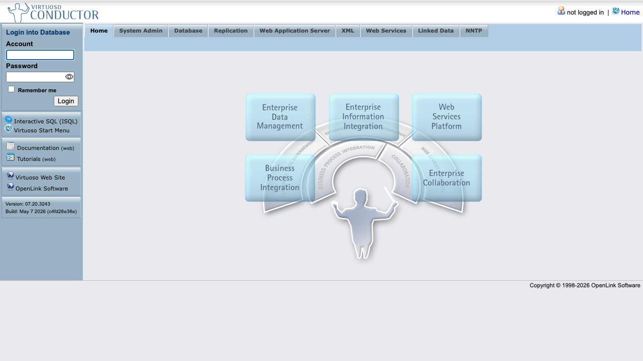 The Virtuoso Conductor login page served over HTTPS by the cloudimg image, with the Account and Password fields and the navigation bar for Home, System Admin, Database, Replication, Web Application Server, XML, Web Services, Linked Data and NNTP