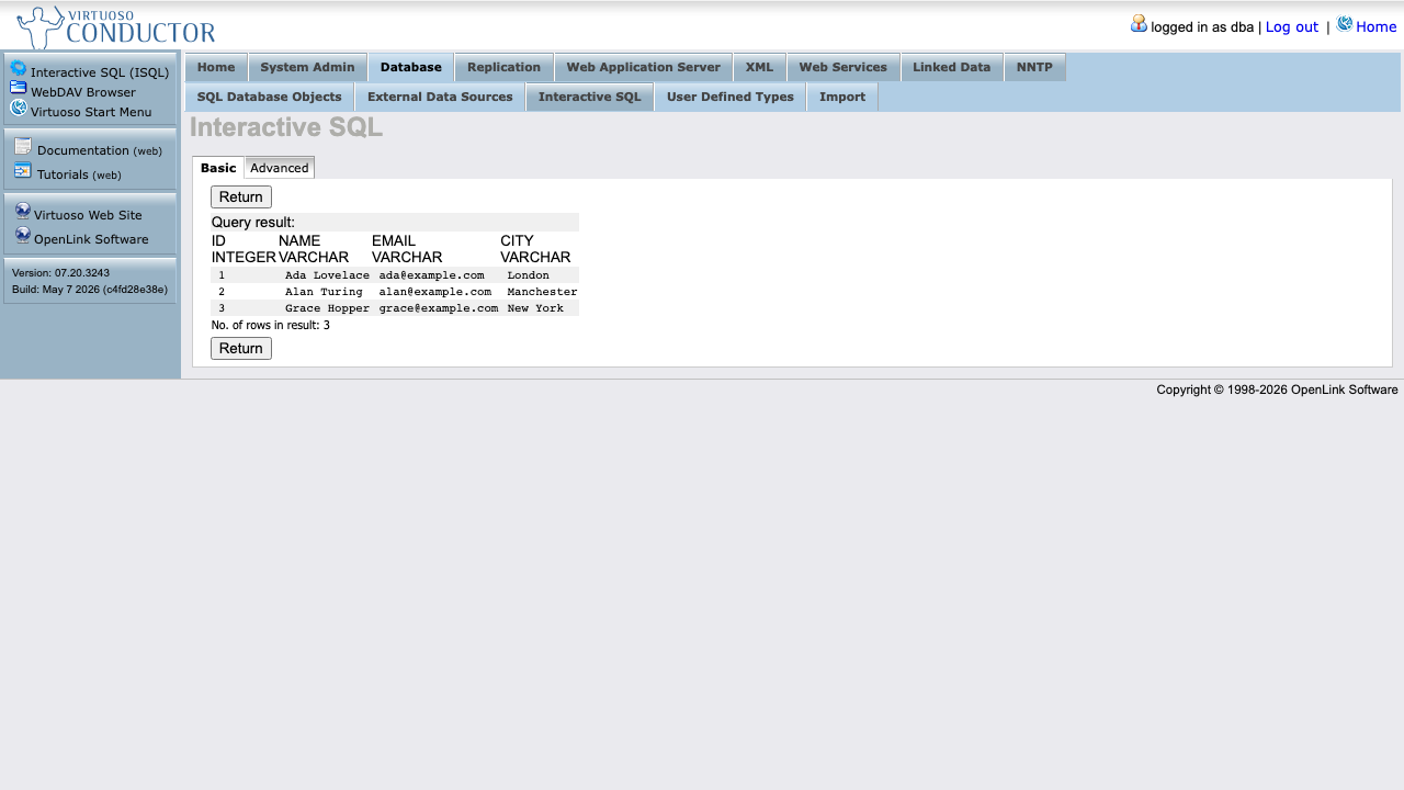 The Virtuoso Conductor Interactive SQL page showing the query result for SELECT ID, NAME, EMAIL, CITY FROM DBA.DEMO_CUSTOMERS with three rows for Ada Lovelace in London, Alan Turing in Manchester and Grace Hopper in New York