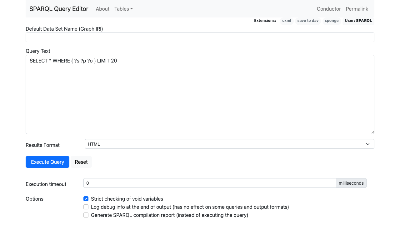 The Virtuoso SPARQL Query Editor at /sparql with the Default Data Set Name field, the query text SELECT * WHERE { ?s ?p ?o } LIMIT 20, the Results Format selector and the Execute Query button