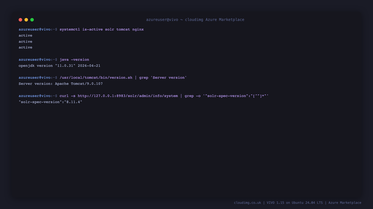 VIVO stack services active — solr, tomcat and nginx running on OpenJDK 11, Apache Tomcat 9.0 and Apache Solr 8.11