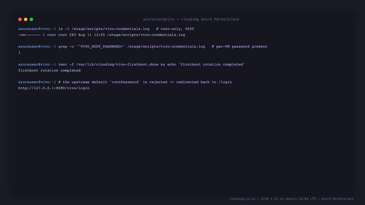 VIVO per-VM credentials file is 0600 root:root, the password is present, first boot rotation completed, and the default rootPassword login is rejected back to the login page