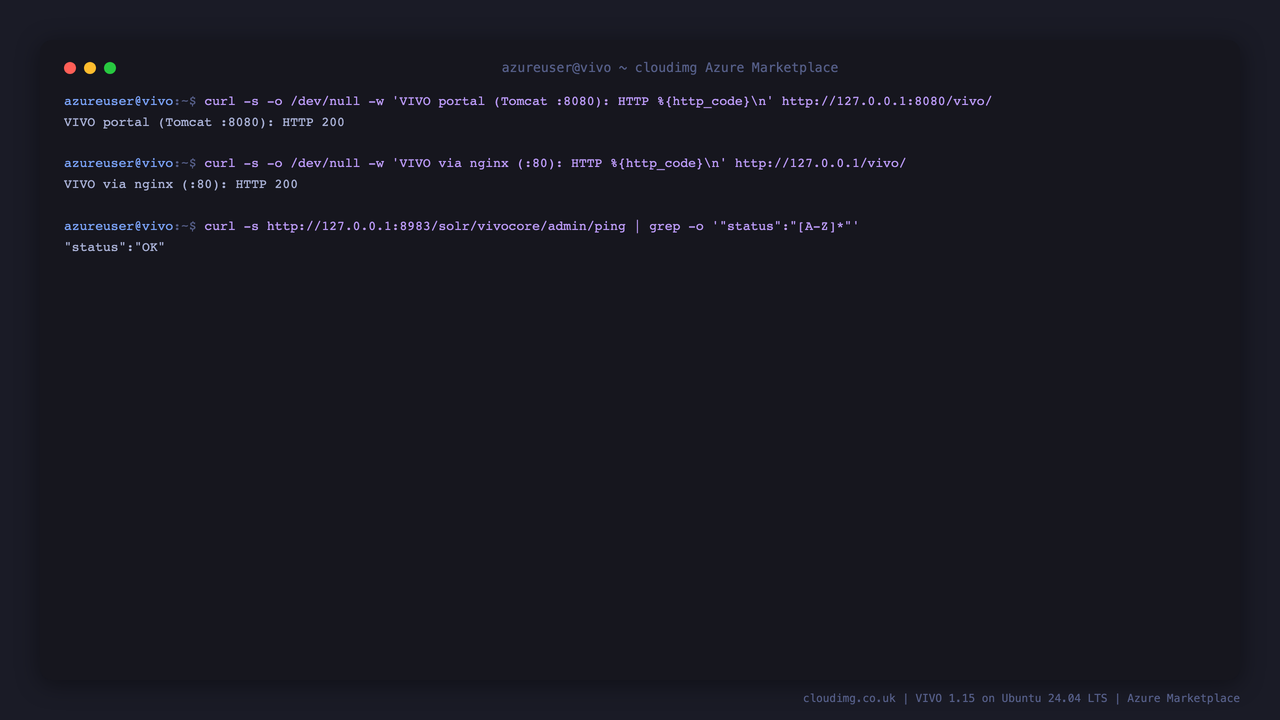 VIVO portal returns HTTP 200 on Tomcat 8080 and through nginx on port 80, and the Solr vivocore search core ping reports OK