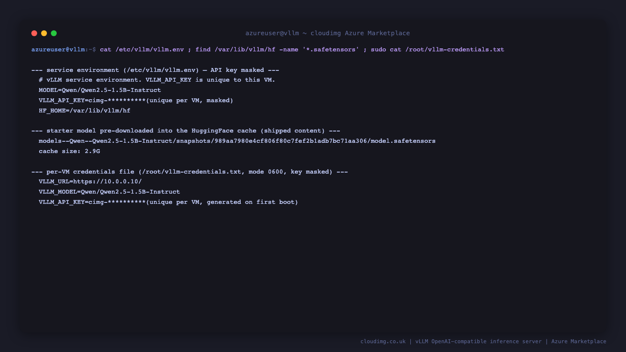 The vLLM service environment file showing the served model and a masked per-VM API key; the pre-downloaded Qwen2.5-1.5B-Instruct starter model staged in the HuggingFace cache; and the root-only per-VM credentials file with the API key masked