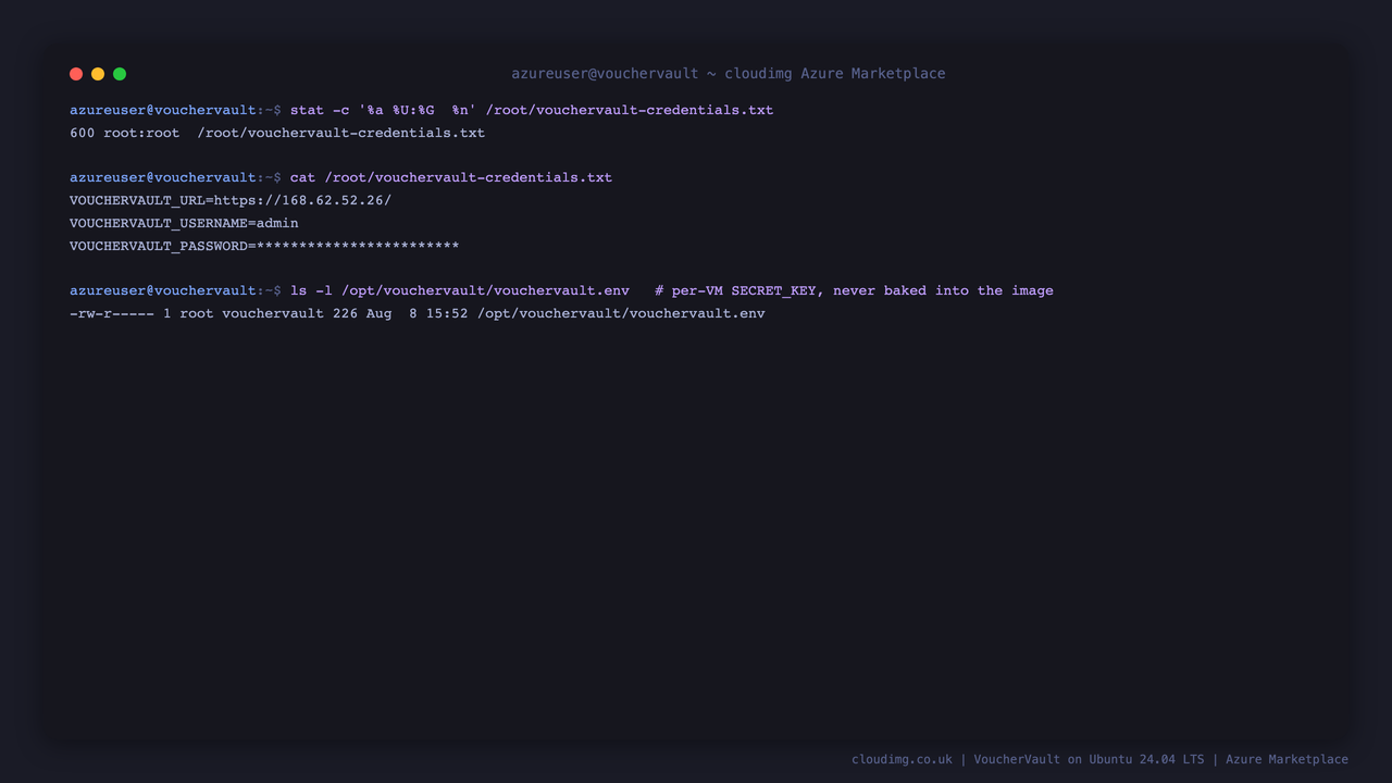 The per VM credentials file showing the generated admin username, the VoucherVault URL and a masked password, its 0600 root only permissions, and the per VM secret key environment file which is never baked into the image