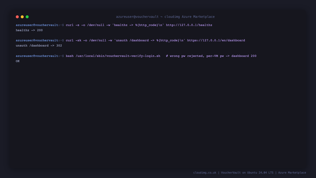 The health endpoint returning 200 unauthenticated and a protected page returning 302 to the sign in page without a session, alongside the full per VM login round trip proof passing with a wrong password rejected and the correct per VM password reaching the dashboard