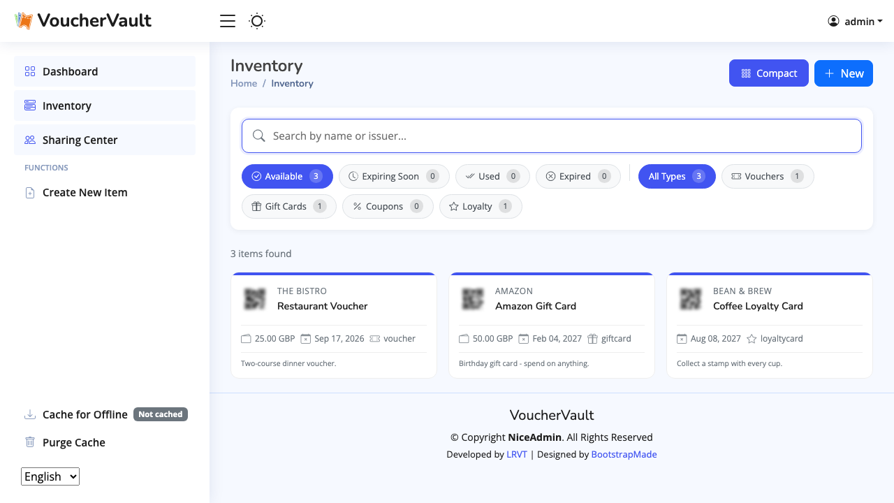 The VoucherVault inventory listing the example Amazon Gift Card, Restaurant Voucher and Coffee Loyalty Card as tiles with issuer, value, expiry date and type, plus status and type filters