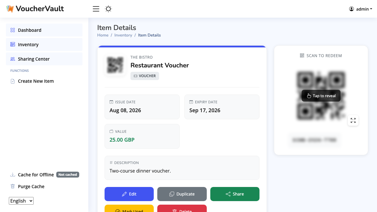 The VoucherVault item detail for the Restaurant Voucher showing the issue date, expiry date, value, description and a generated Scan to Redeem QR code, with edit, duplicate, share, mark used and delete actions