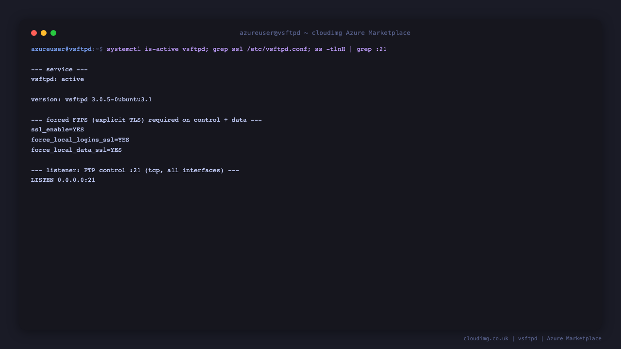 The vsftpd service reports active under systemd, the configuration shows ssl_enable and both force_local_logins_ssl and force_local_data_ssl set to YES for forced FTPS, and ss shows the server listening on tcp port 21 for the FTP control channel on all interfaces