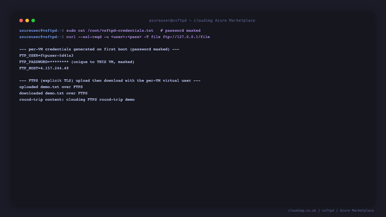 Reading the per VM credentials file with the password masked, then an FTPS upload and download round trip with curl using explicit TLS and the per VM virtual user; both transfers succeed and the downloaded content matches the uploaded content