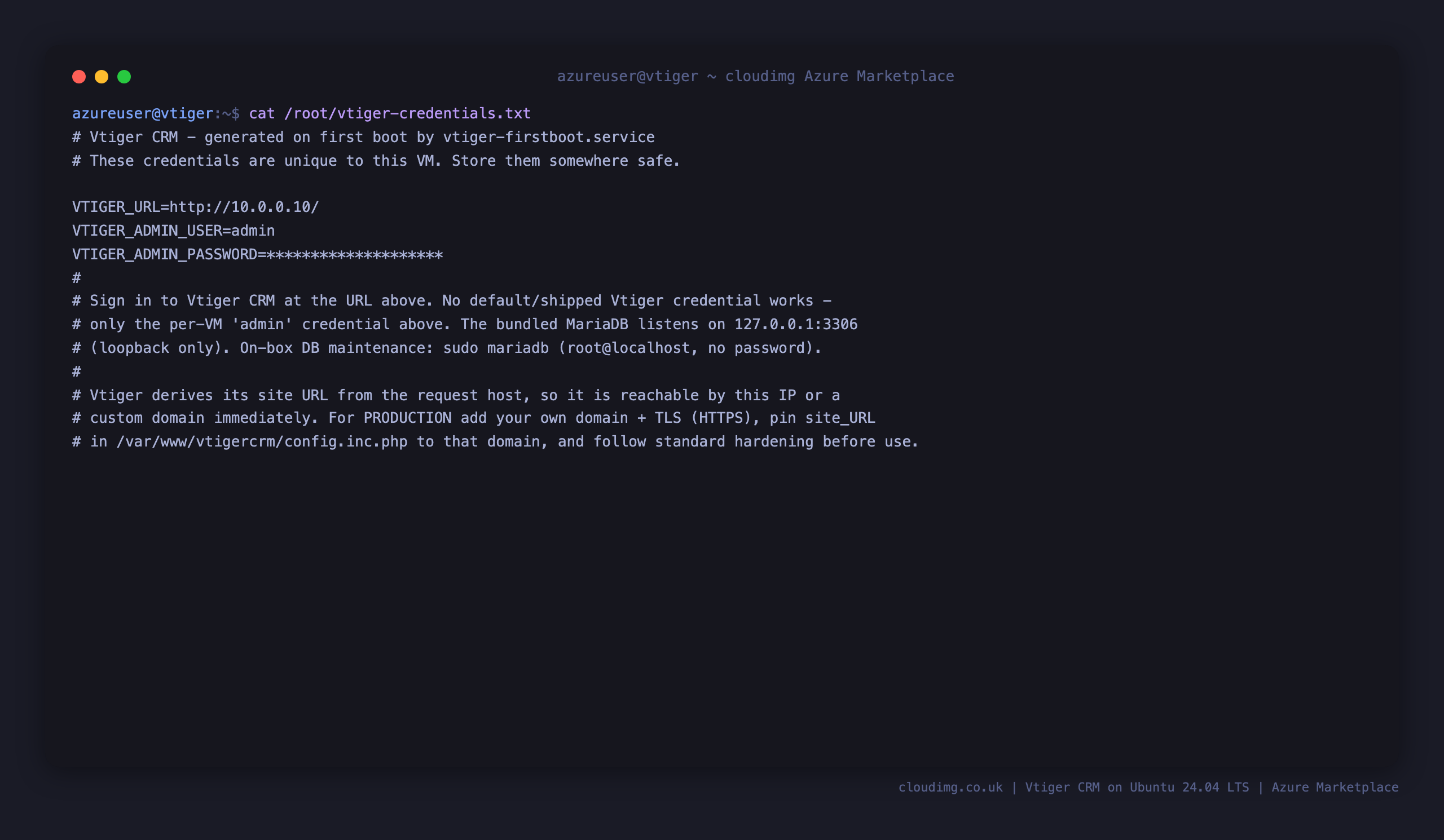 The per VM Vtiger credentials file, showing the admin login user, the generated password and the console URL