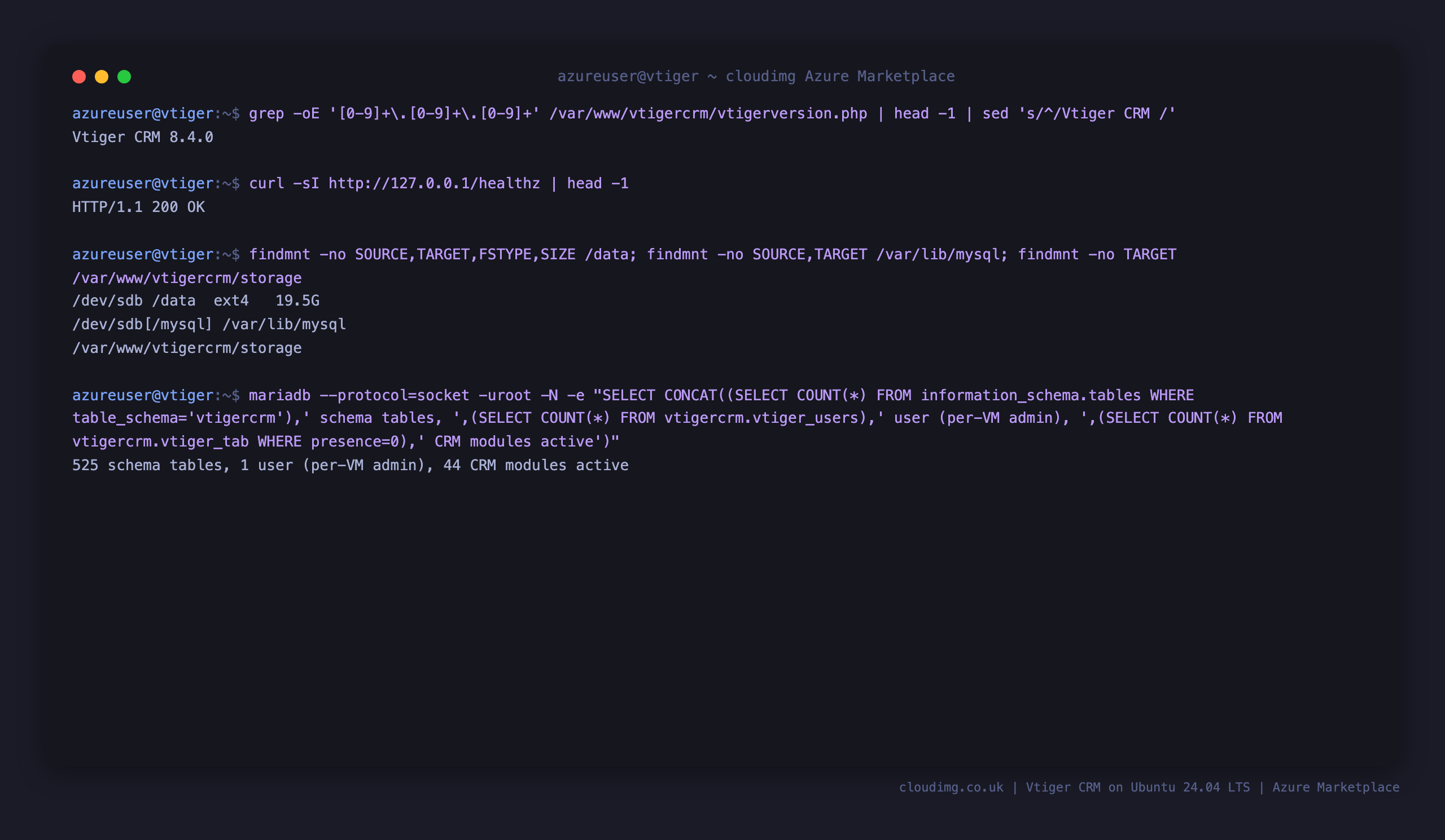 The Vtiger CRM version, the healthz endpoint returning 200, the ext4 data disk mounted at /data and bind mounted onto /var/lib/mysql and the Vtiger storage directory, and the schema table, user and active module counts