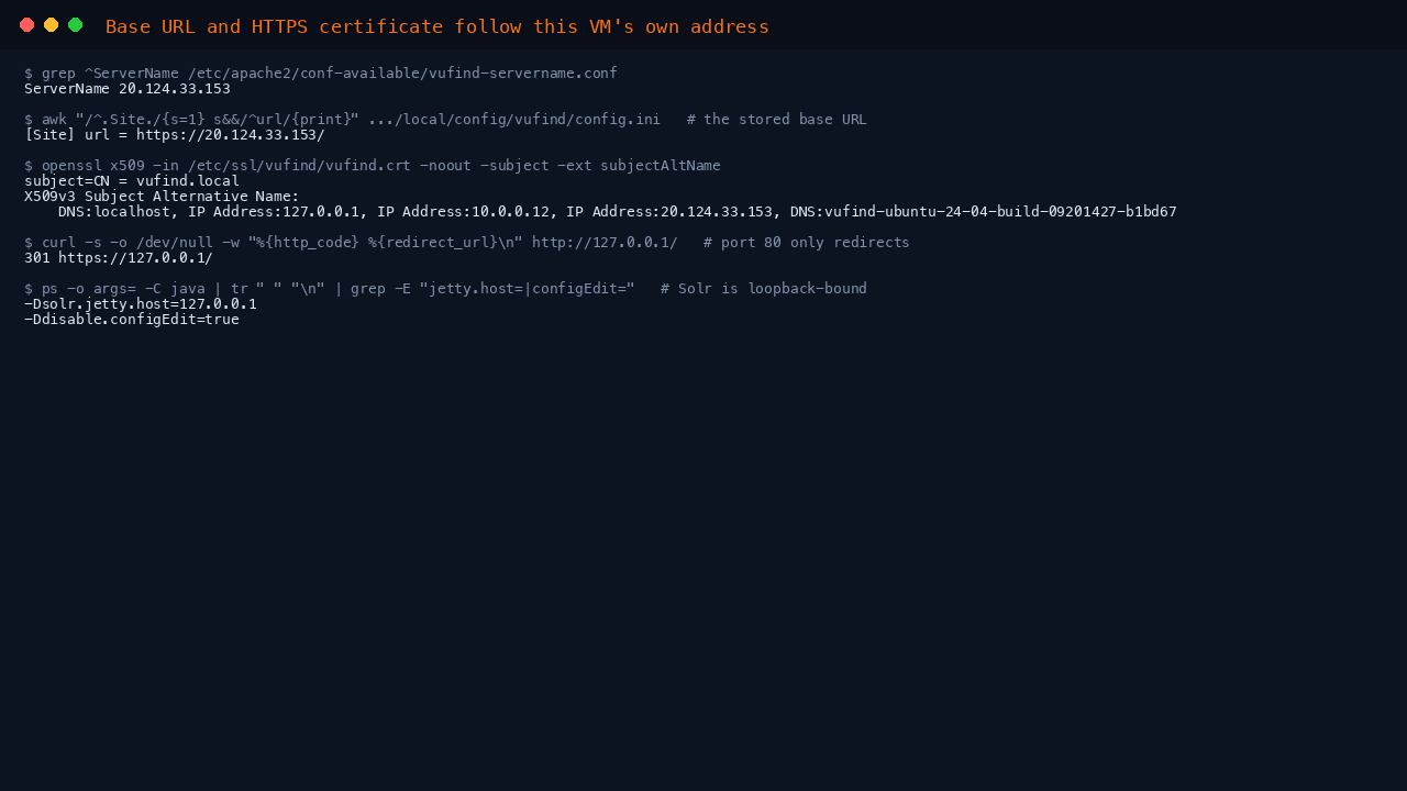 The stored site URL, the ServerName and the certificate the VM issued for itself