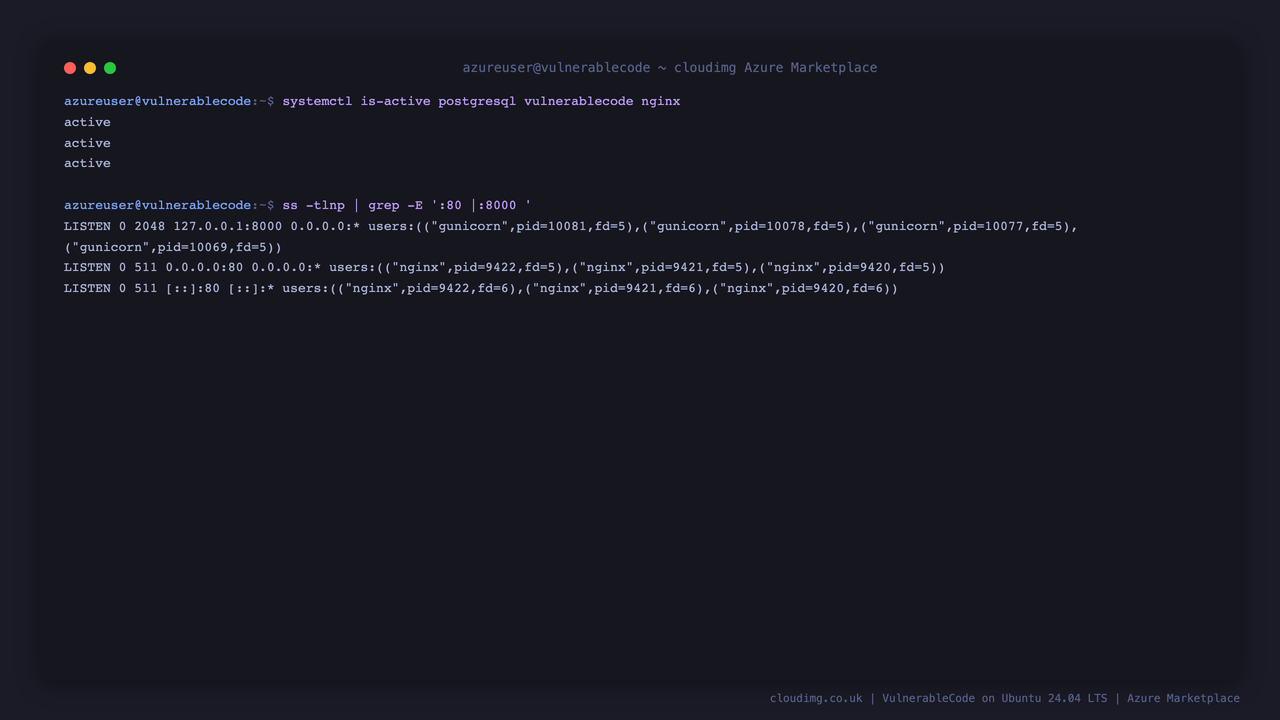 The three VulnerableCode services reporting active and the listening ports, nginx on 80 and gunicorn on 127.0.0.1:8000