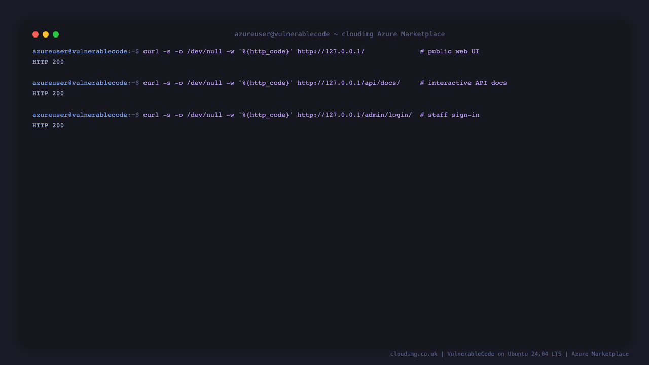 curl showing the home page, API docs and staff login all returning HTTP 200