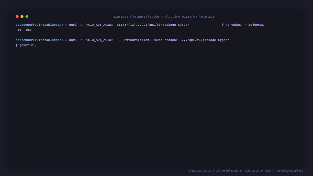 curl showing the API rejecting an untokened request with 403 and returning data with the per VM token
