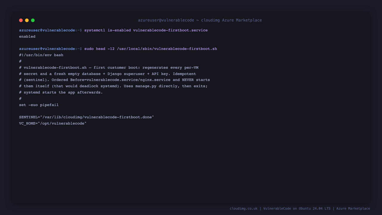 The vulnerablecode first boot service is enabled and its script header describing the per VM secret rotation