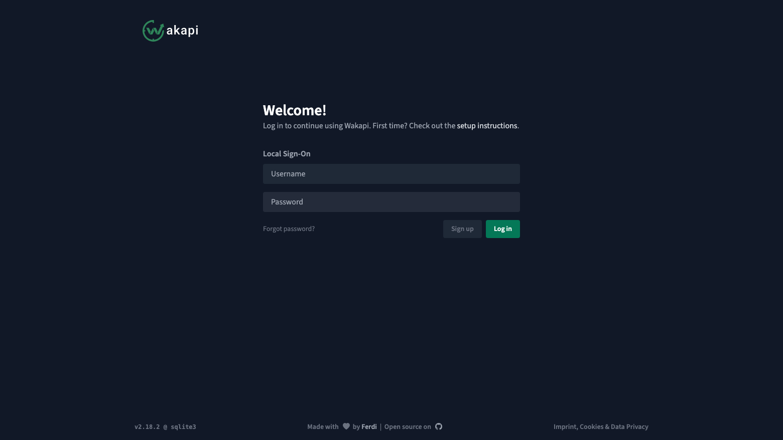 The Wakapi login page on cloudimg, with the user name and password fields