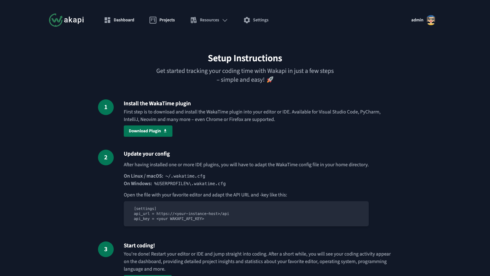 The Wakapi setup instructions page showing the ~/.wakatime.cfg settings with the api_url and api_key lines