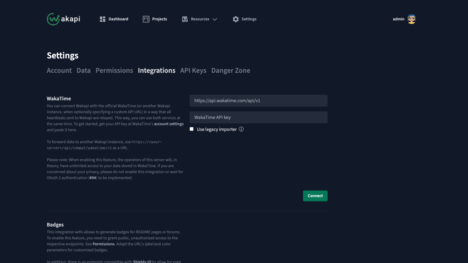 The Wakapi Integrations settings with the WakaTime API URL and API key fields