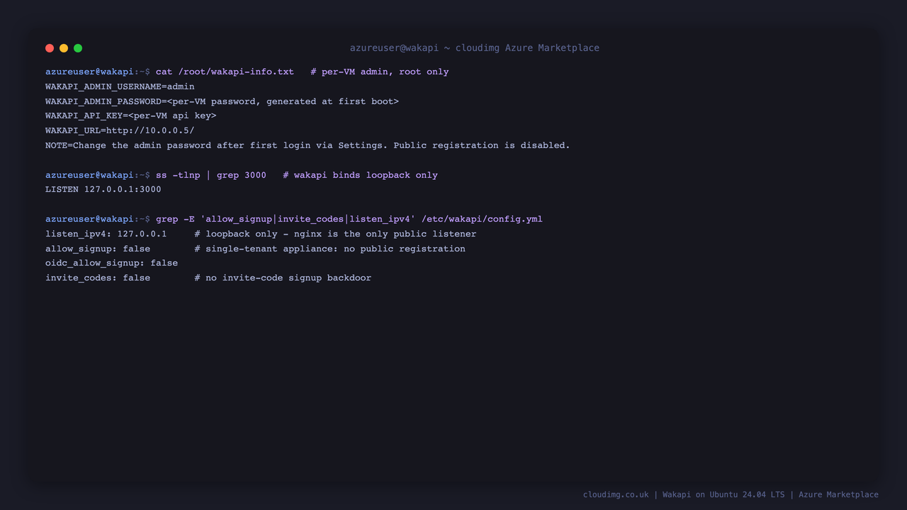 The per VM admin note with the password and API key masked, Wakapi bound to loopback only, and the config showing allow_signup false and invite_codes false
