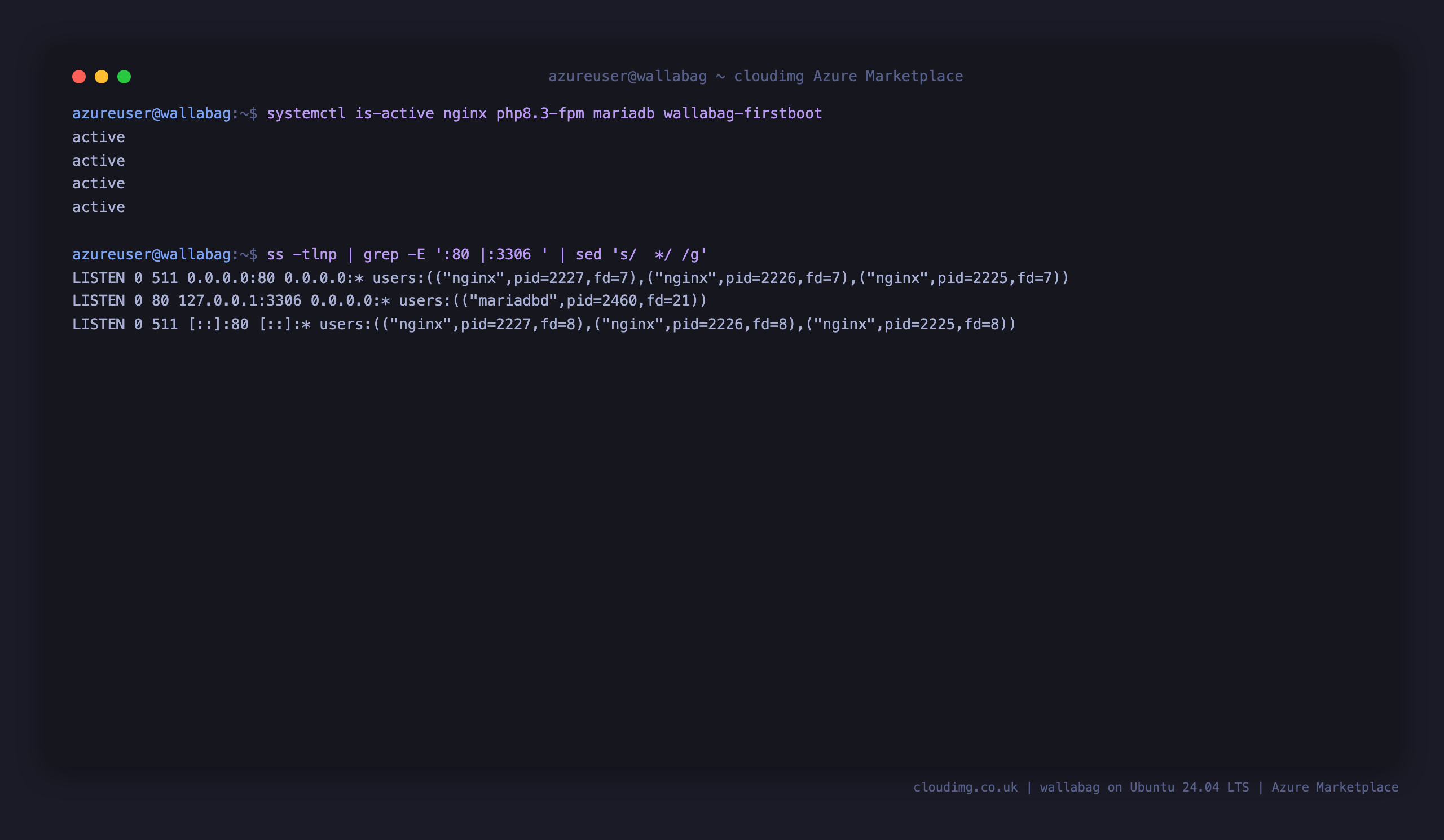 The nginx, php8.3-fpm, mariadb and wallabag-firstboot services active, with nginx on port 80 and MariaDB bound to loopback 127.0.0.1:3306