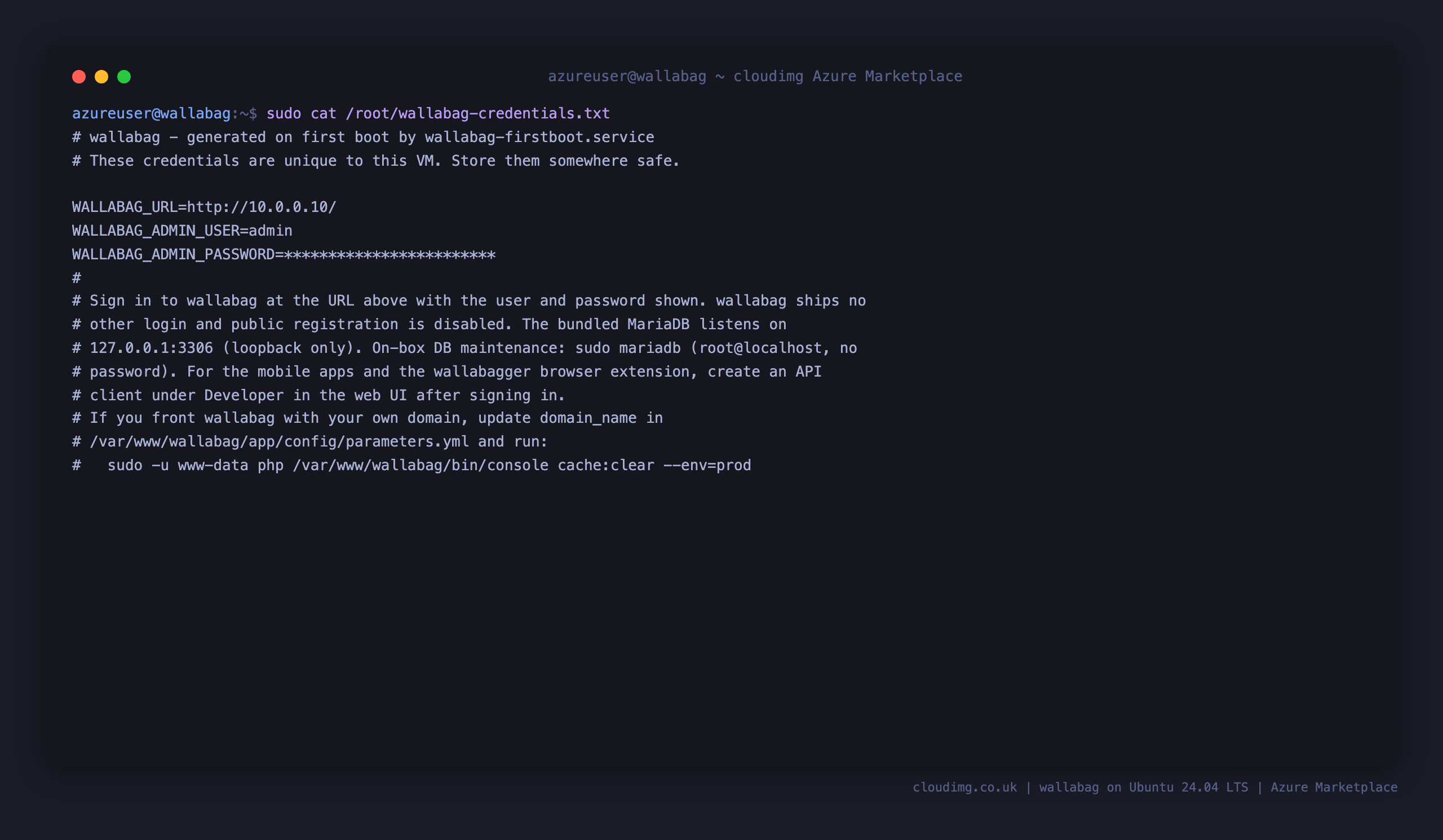 The per VM wallabag credentials file, showing the admin login user, the generated password and the application URL