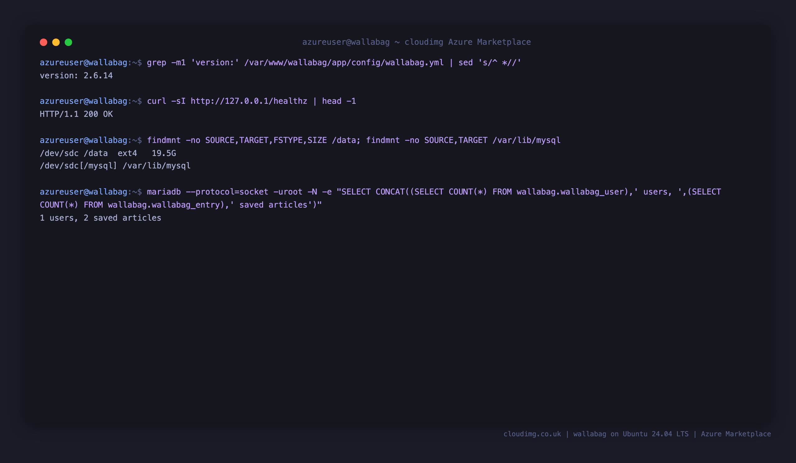 The wallabag version, the healthz endpoint returning 200, and the ext4 data disk mounted at /data and bind mounted onto /var/lib/mysql