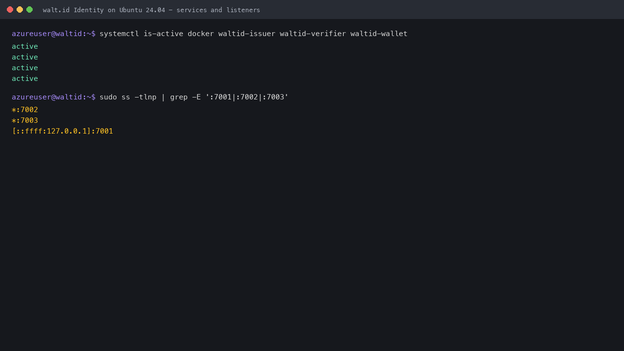 docker, waltid-issuer, waltid-verifier and waltid-wallet active, with the Issuer on 7002 and Verifier on 7003 listening publicly and the Wallet on 7001 bound to loopback