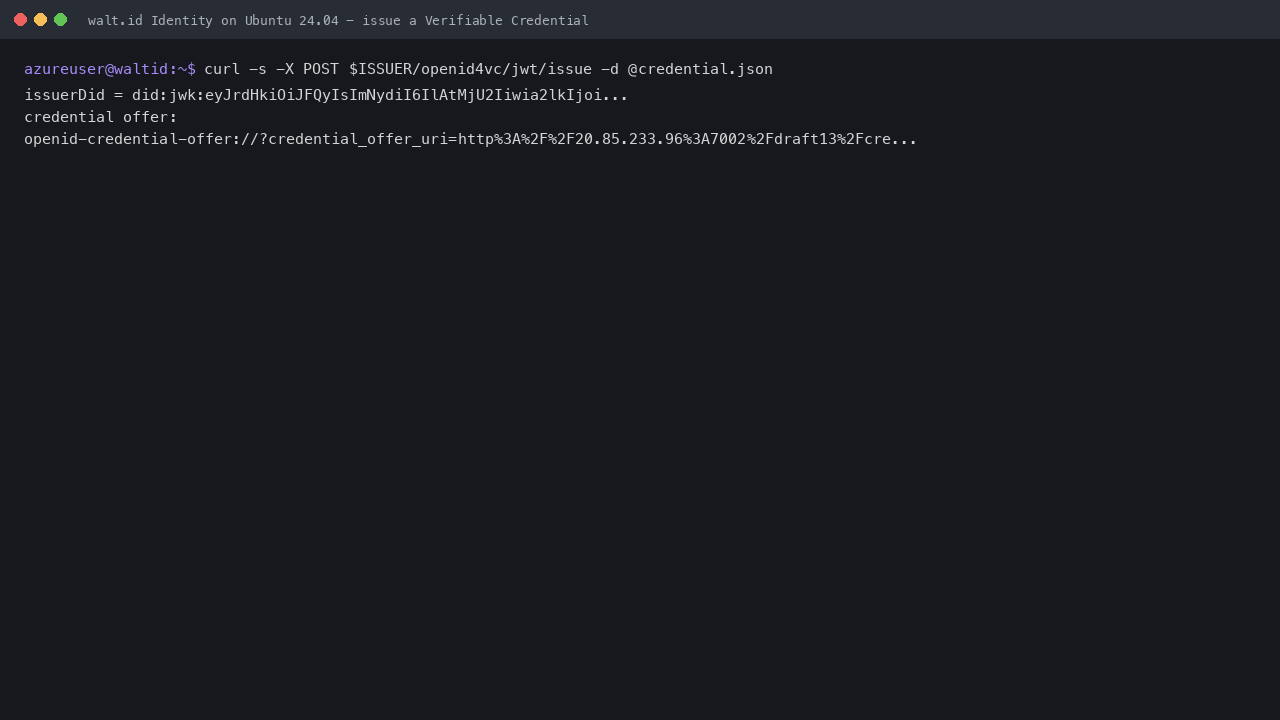 The Issuer API onboarding a fresh key and DID and issuing an OpenBadge credential, returning an OID4VCI credential offer URL