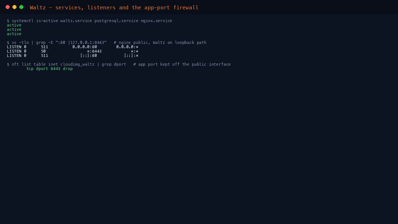 Waltz, PostgreSQL and nginx active, the listeners, and the nftables rule keeping the application port off the public interface