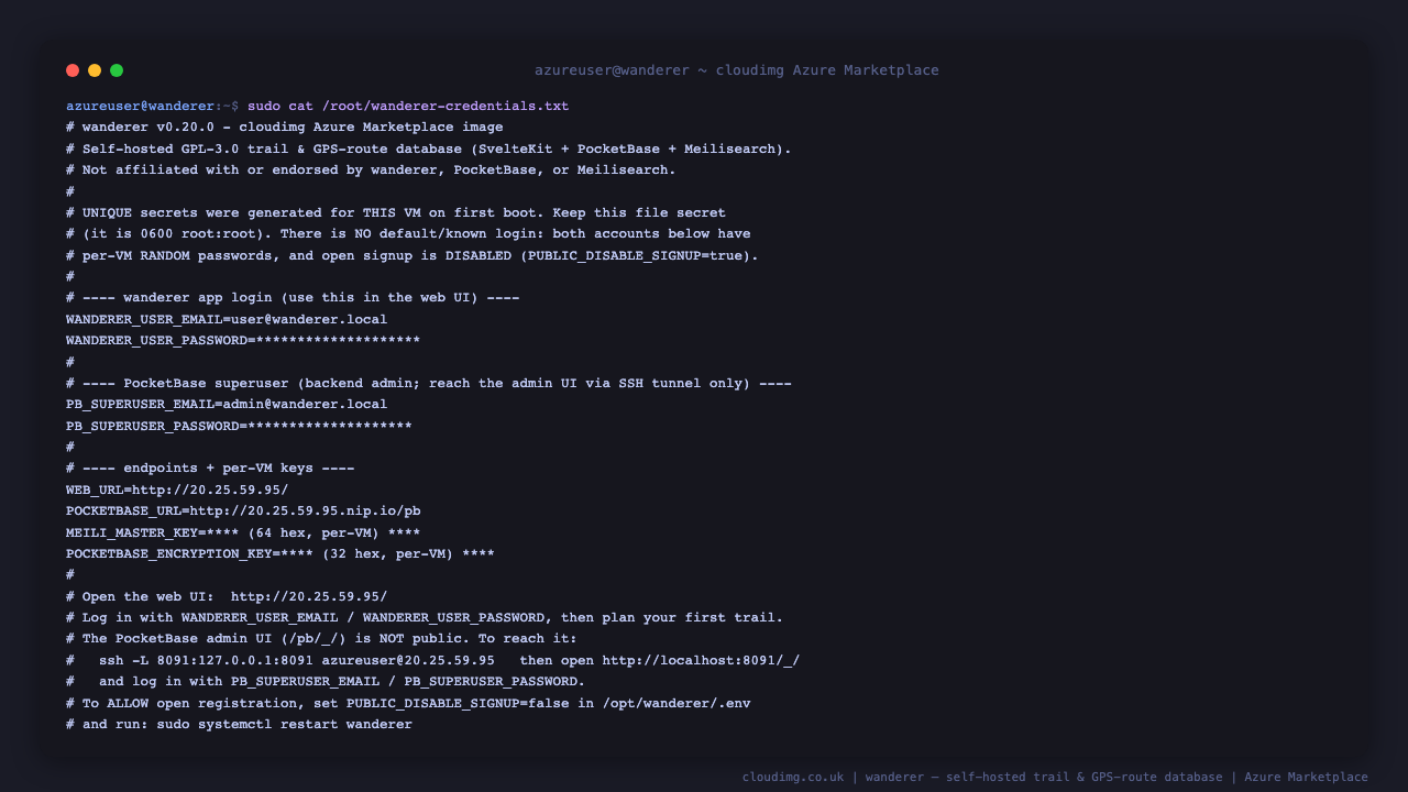The per instance credentials file, showing the wanderer app login and the separate PocketBase backend superuser, each with a per VM random password (masked here), the per VM Meilisearch master key and PocketBase encryption key, and the resolved web and PocketBase URLs - none of these values is shipped in the image
