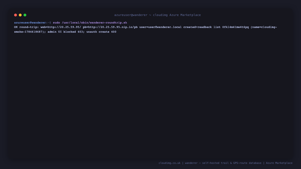 The credential round-trip prover reporting OK: the per VM app user authenticated, created a trail list and read it back through the nginx proxy, the admin UI is blocked with 403 and an unauthenticated create was rejected with 400