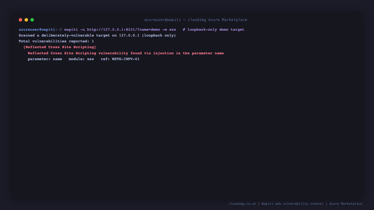 Wapiti detecting a reflected cross site scripting vulnerability against a loopback target