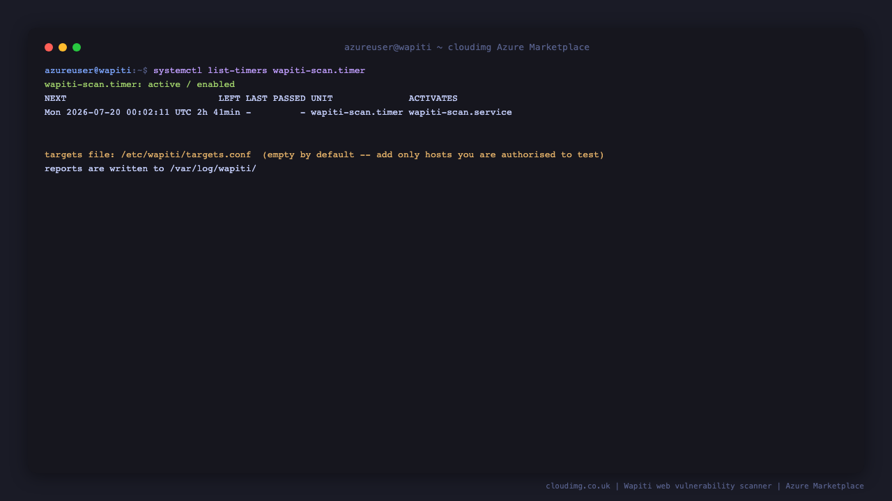 The daily Wapiti scan timer and the empty, authorised only targets file