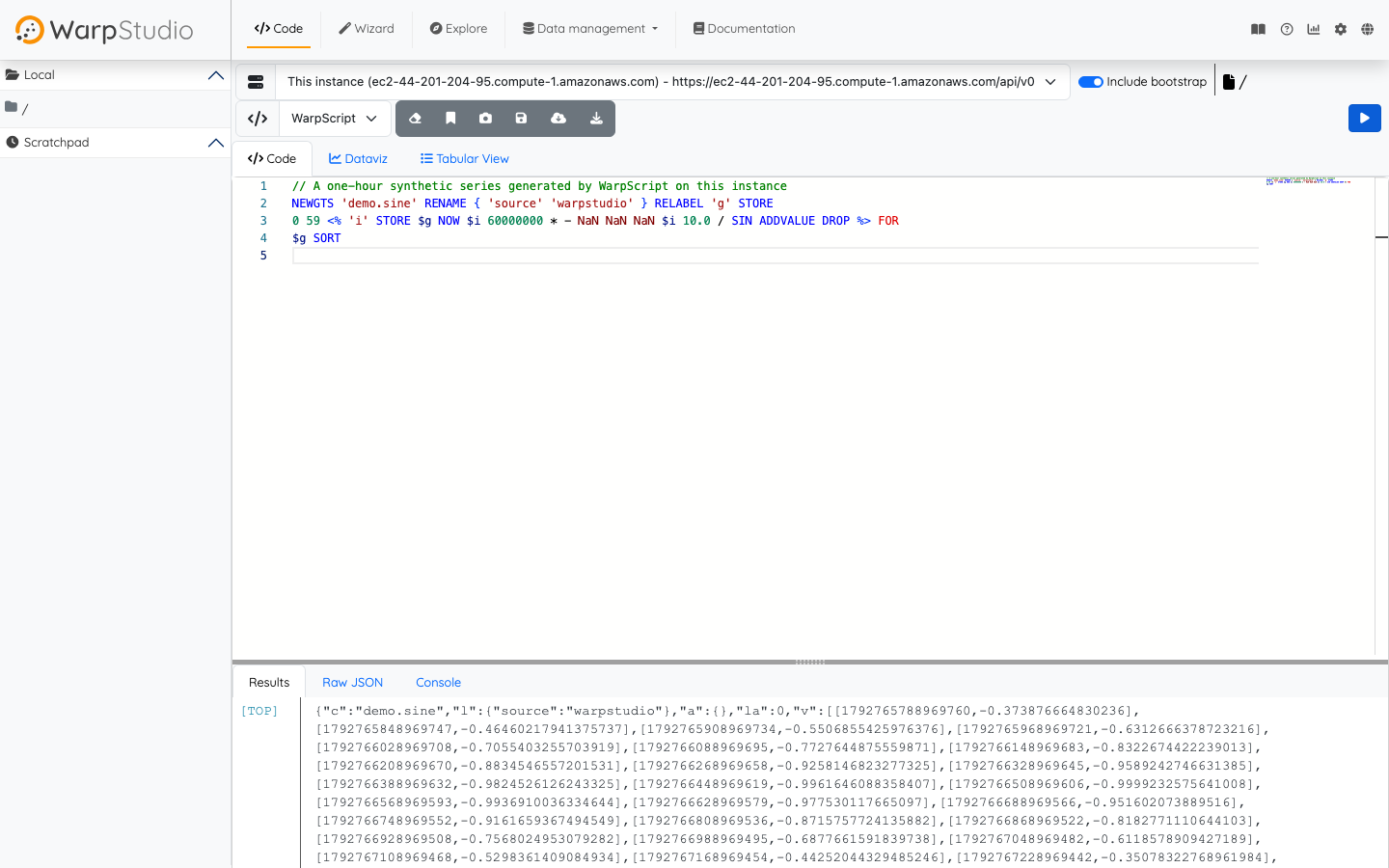 WarpStudio 2.1.10 served by the cloudimg Warp 10 image, connected to this instance's API over HTTPS, with a WarpScript that builds a synthetic demo.sine series in the editor and the resulting Geo Time Series in the Results panel
