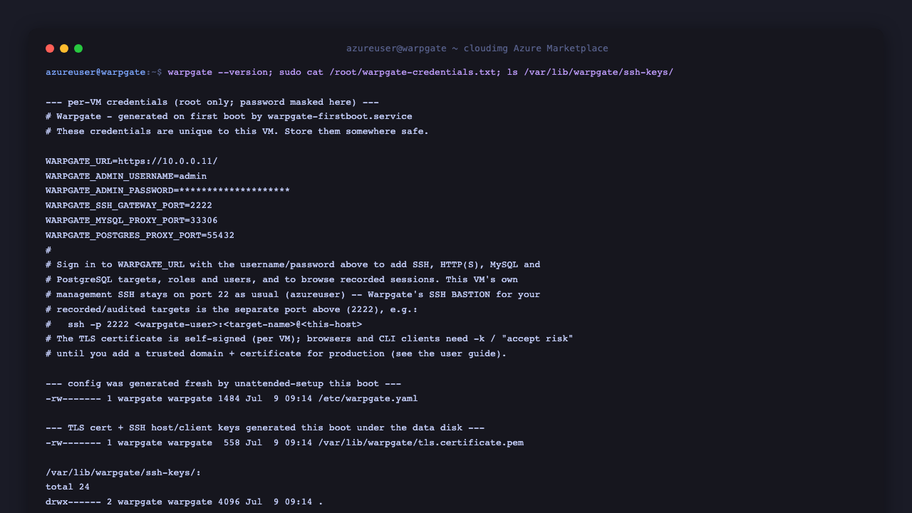 The Warpgate version, the per-VM credentials file with the generated admin password and ports, confirmation the config file was generated fresh this boot, and the TLS certificate and SSH host/client keys under the data disk