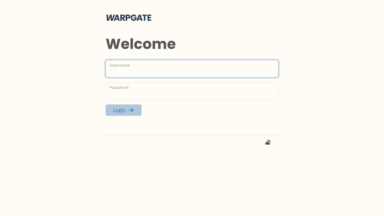 The Warpgate Welcome login screen with Username and Password fields and the Login button