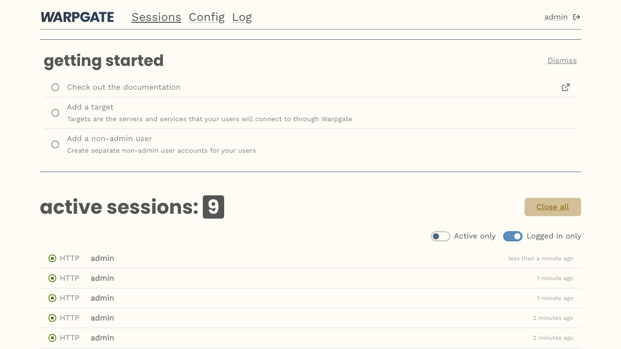 The Warpgate Sessions dashboard showing the getting-started checklist and a live list of active sessions with protocol, user and time
