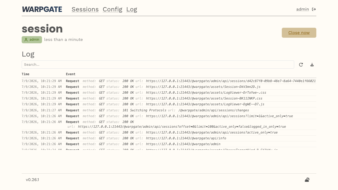 A recorded Warpgate session detail view showing the user, elapsed time, a Close now button, and a searchable timestamped log of every request in the session
