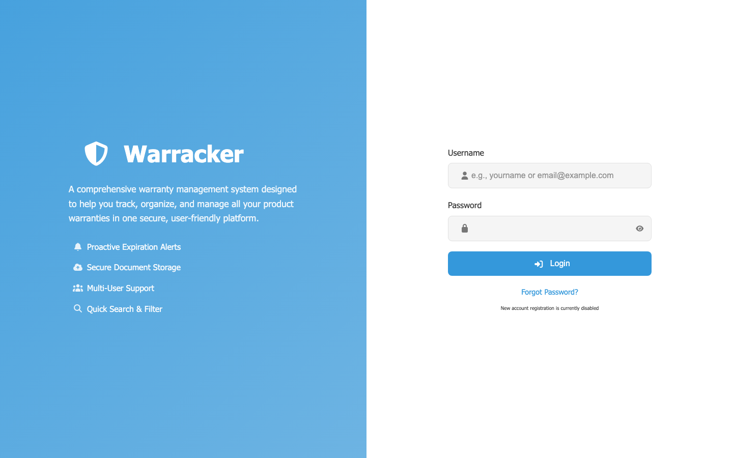 The Warracker sign in page served over HTTPS, reporting that new account registration is currently disabled