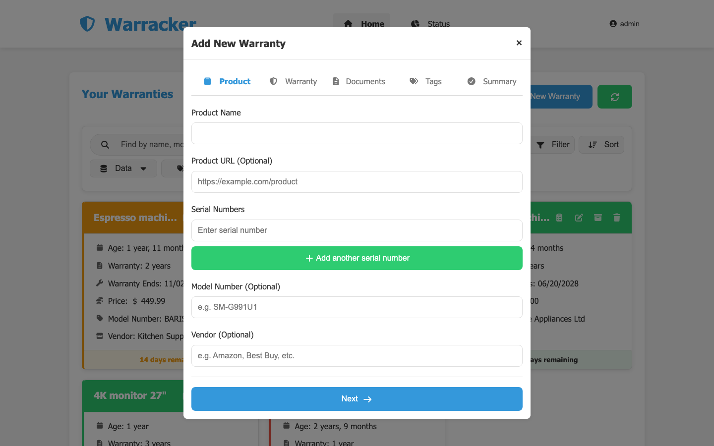 The Add New Warranty dialog with fields for the product name, product URL, serial numbers, model number and vendor