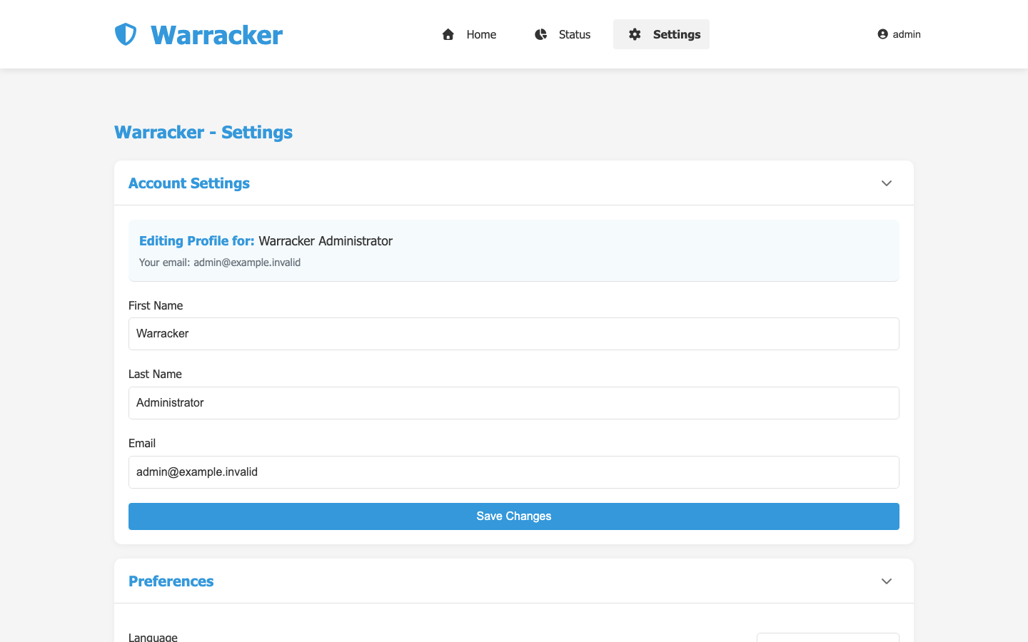 The Warracker settings page with the administrator's account details
